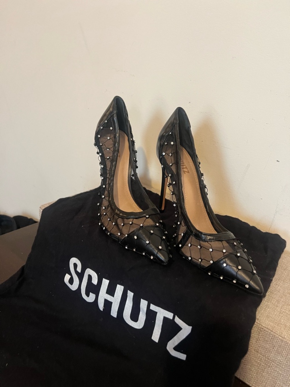 SCHUTZ Black Studded Mesh Pointed Toe Stiletto Pumps